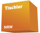 Orangefarbener W&uuml;rfel mit der Aufschrift "Tischler" und "NRW" auf grauem Hintergrund.