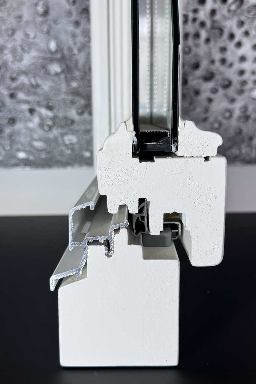 Schnittansicht eines wei&szlig;en Fensterprofils mit Aluminium- und Kunststoffkomponenten auf schwarzem Tisch.