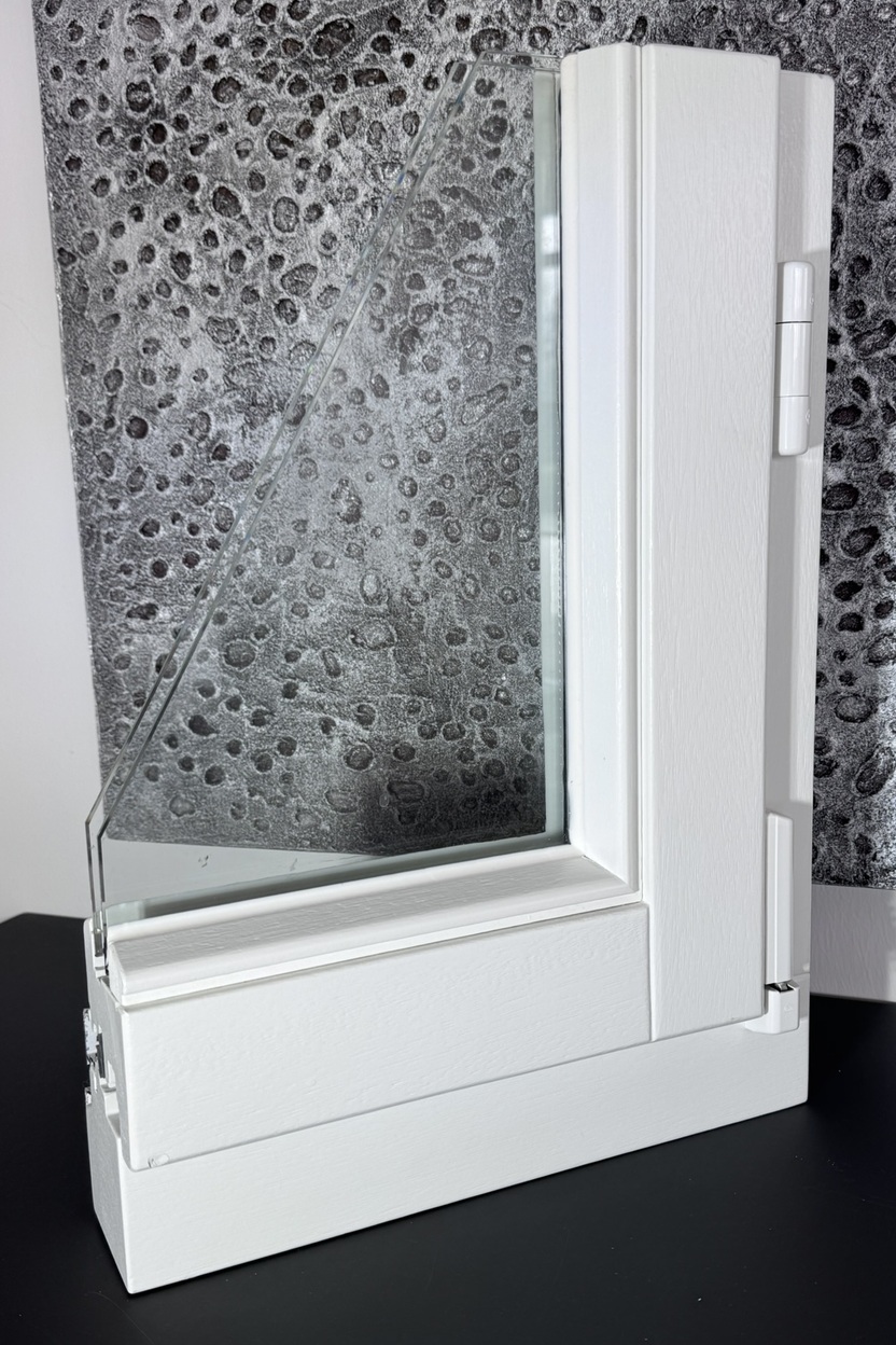 Ein wei&szlig;er Fensterrahmen mit schr&auml;g gestellter Glasscheibe vor einer strukturierten, grauen Hintergrundfl&auml;che.