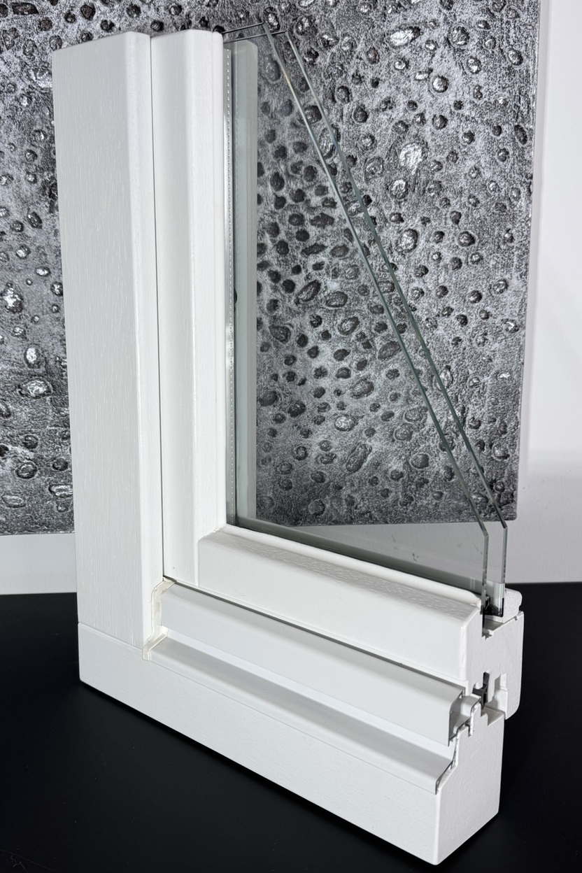 Detailaufnahme eines wei&szlig;en Kunststofffensterrahmens mit Verbundglas vor einer strukturierten, grauen Hintergrundfl&auml;che.