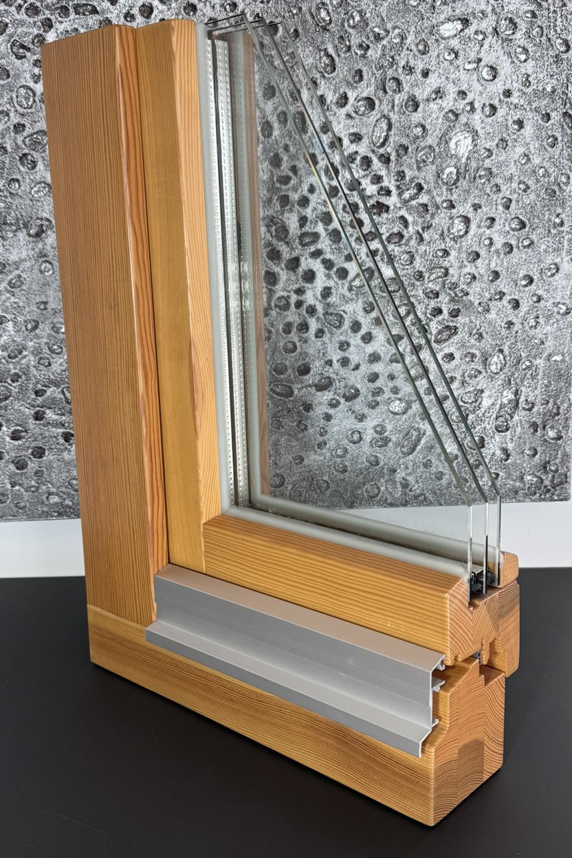 Detailaufnahme eines Holzfensterrahmens mit zweifacher Verglasung und Aluminiumprofil am unteren Rand.