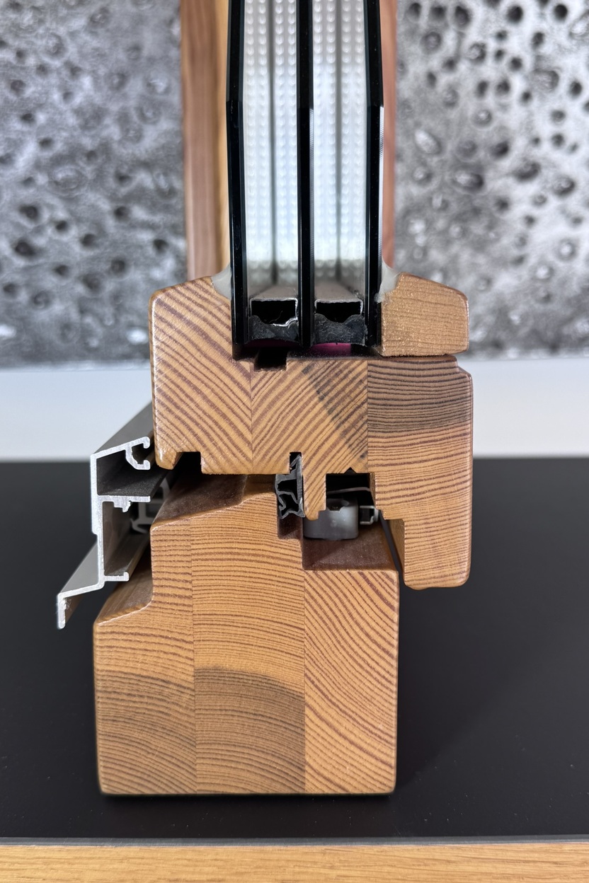 Querschnitt eines Fensterprofils aus Holz mit Aluminiumverkleidung, auf schwarzem Untergrund pr&auml;sentiert.