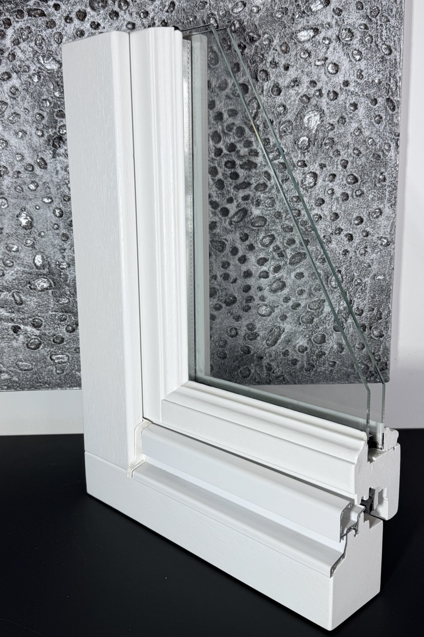 Detailaufnahme eines wei&szlig;en Fensterrahmens mit Mehrfachverglasung vor einer strukturierten Hintergrundfl&auml;che.