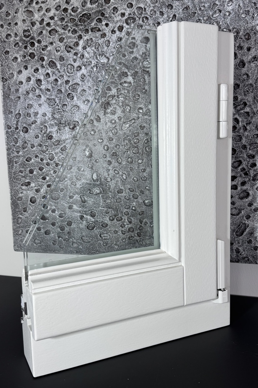 Detailansicht eines wei&szlig;en Kunststofffensters mit schr&auml;g ge&ouml;ffnetem Glas auf einer strukturierten, grauen Wand.