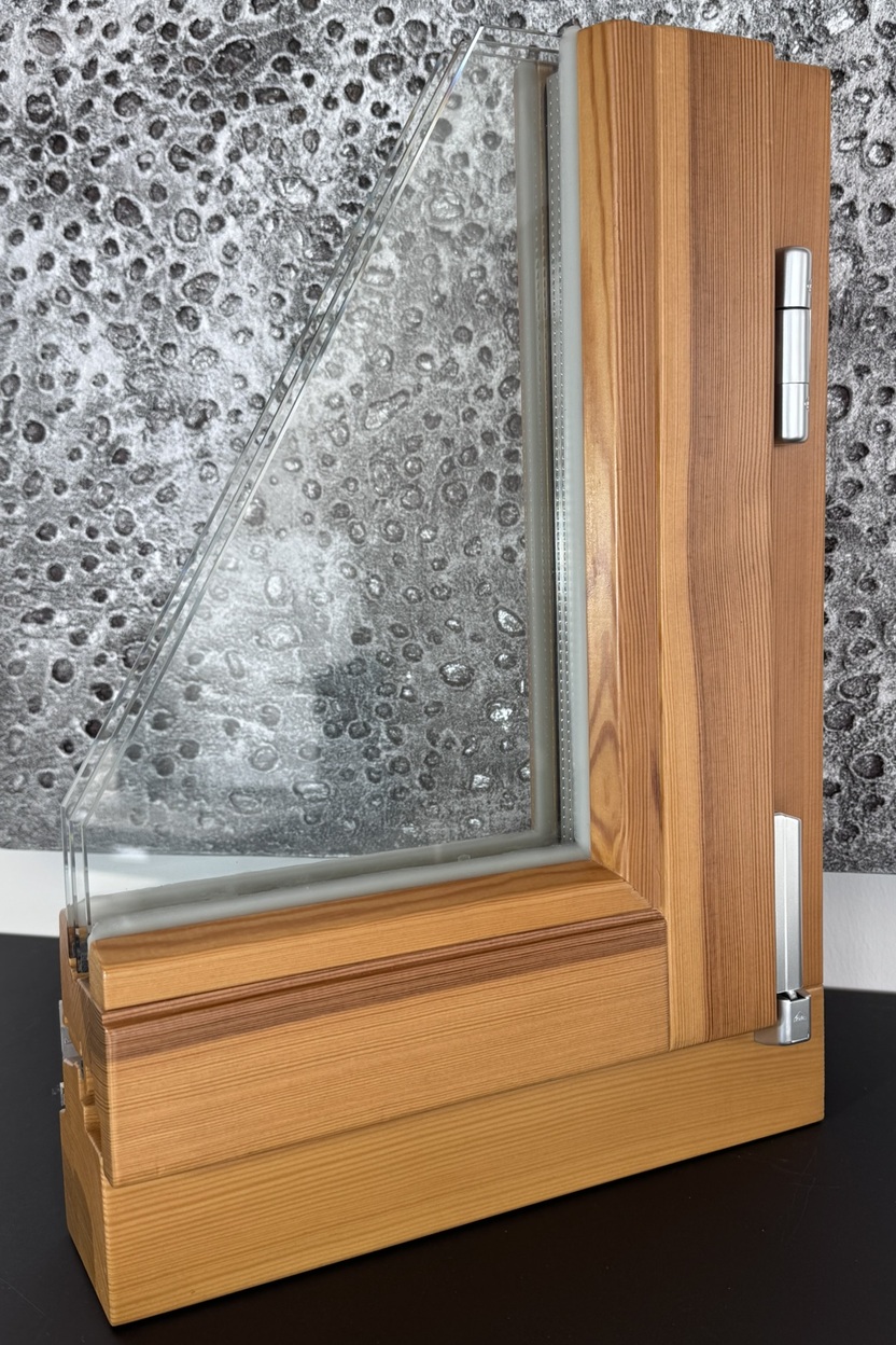 Detailaufnahme eines Holzrahmen-Fensters mit schr&auml;g stehender Glasscheibe vor einer strukturierten grauen Wand.