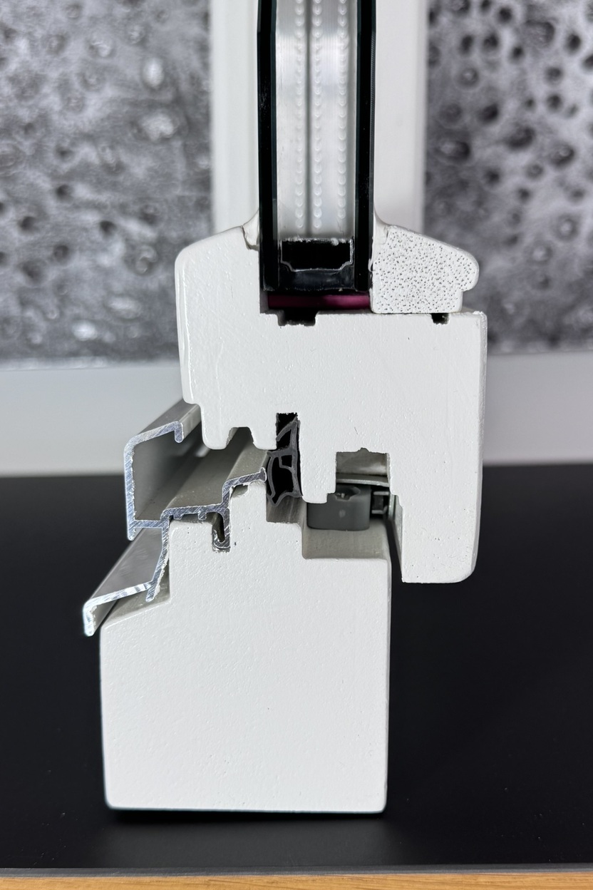 Schnittansicht eines wei&szlig;en Fensterprofils mit Aluminium- und Kunststoffelementen auf einem Tisch.