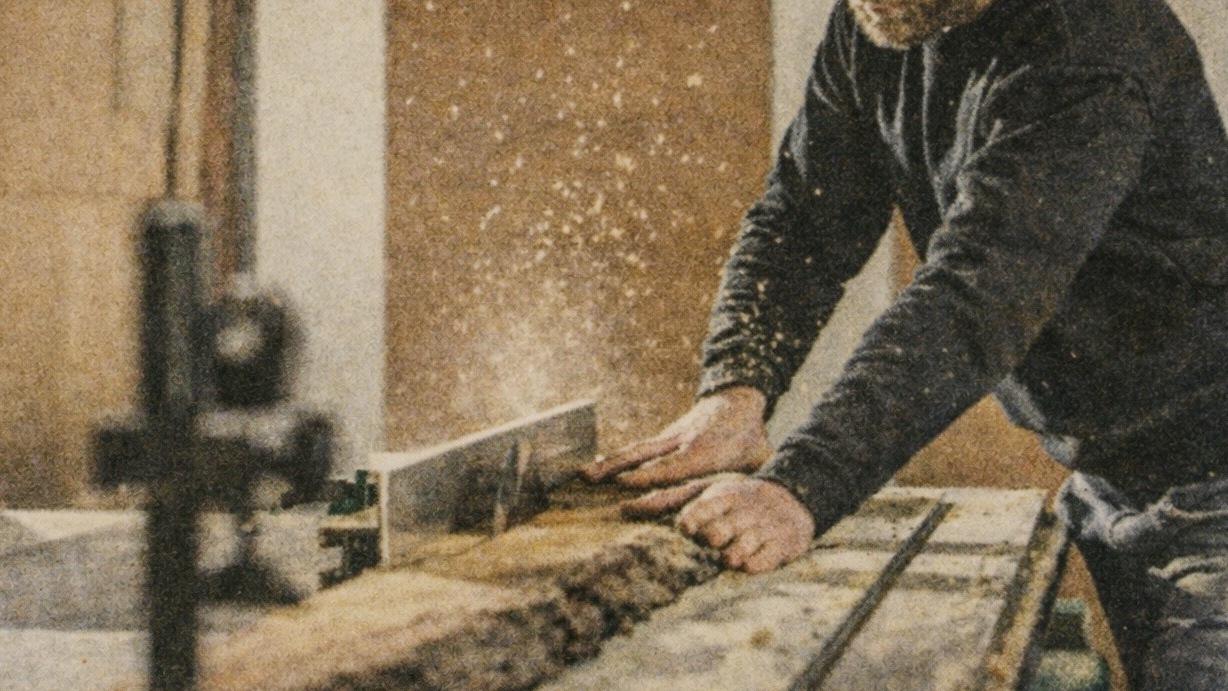 Handwerker in einem Holzarbeitsraum, der mit einer Tischs&auml;ge ein St&uuml;ck Holz zuschneidet, Staubpartikel fliegen auf.