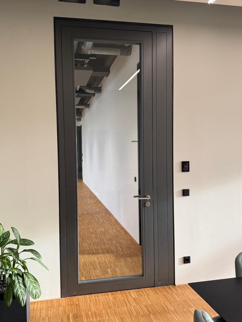 Glasfrontt&uuml;r zu einem Flur, mit Pflanzen und M&ouml;beln im Vordergrund, helles Interieur mit Holzfu&szlig;boden.