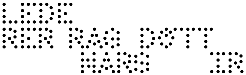 Text in Punktschrift, bestehend aus schwarzen Punkten, der miteinander verbundene Buchstaben bildet.