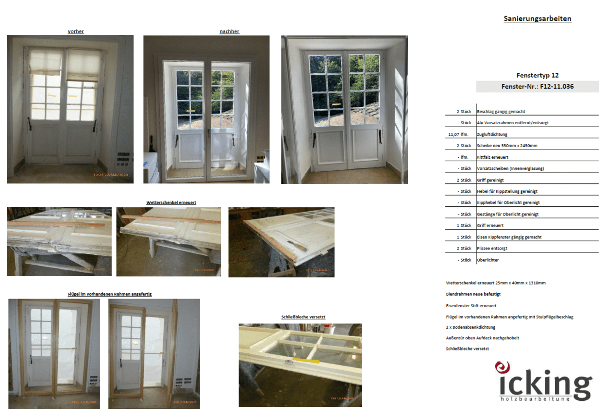 Bilder von Fensterrenovierungen mit Vorher-Nachher-Vergleich und Montageanleitungen auf einer &Uuml;bersicht.